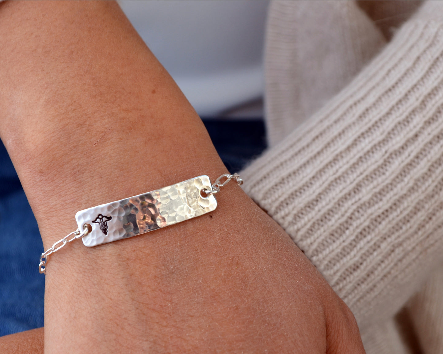 Hammered Paperclip Chain Medical Alert Bracelet